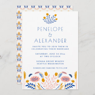 Invitation Fleurs folk Scandi en Mariage bleu et jaune