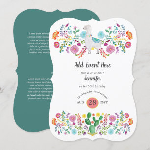 Invitation Fleurs folkloriques Fiesta Llama Mexicaine Cactus 
