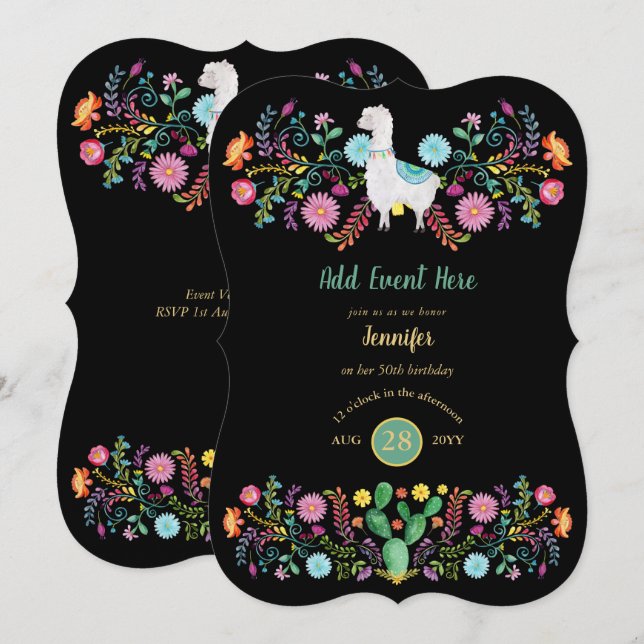 Invitation Fleurs folkloriques Fiesta Llama Mexicaine Cactus  (Devant / Derrière)