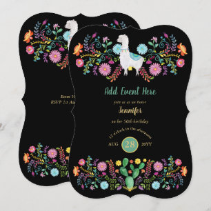 Invitation Fleurs folkloriques Fiesta Llama Mexicaine Cactus 