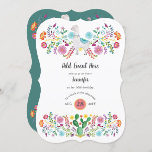 Invitation Fleurs folkloriques Fiesta Llama Mexicaine Cactus