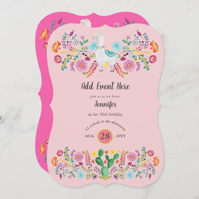 Invitation Fleurs folkloriques Fiesta Llama Mexicaine Cactus  (Devant / Derrière)