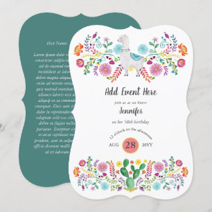 Invitation Fleurs folkloriques Fiesta Llama Mexicaine Cactus 