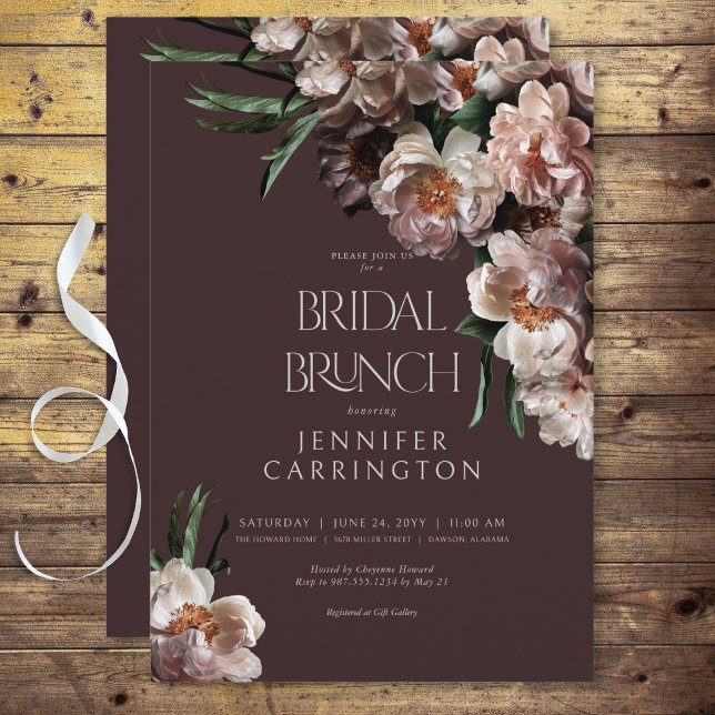 Invitation Fleurs foncées modernes Fleurs Bourgogne Brunch nu (Modern Dark Flower Blossoms Black Bridal Brunch Invitation)