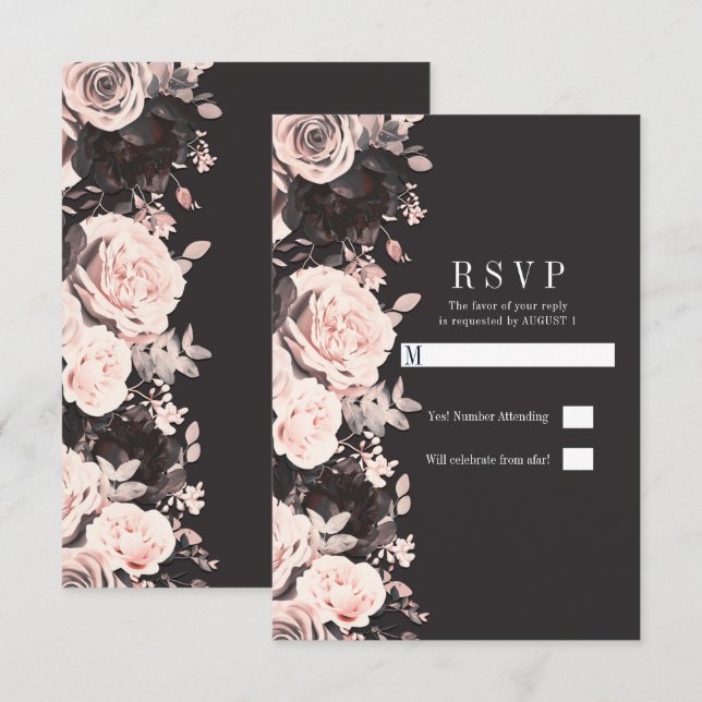 Invitation Fleurs foncées rose fardé noir charbon de réponse  (Devant / Derrière)