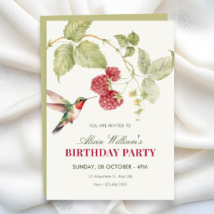 Invitation Fleurs framboises colibri anniversaire