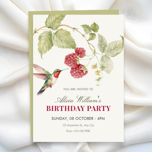 Invitation Fleurs framboises colibri anniversaire (Créateur téléchargé)