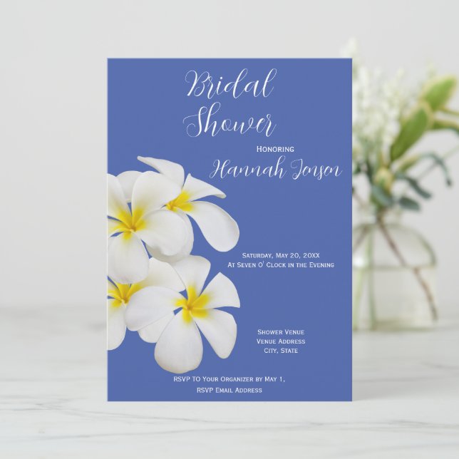 Invitation Fleurs Frangipani blanches, sur Bleu, Fête des mar (Debout devant)