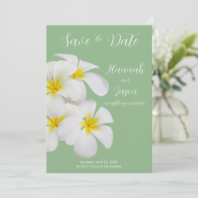 Invitation Fleurs Frangipani blanches, sur Sage, Date de sauv (Debout devant)