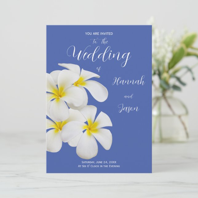 Invitation Fleurs frangipanières blanches, en bleu, Mariage f (Debout devant)
