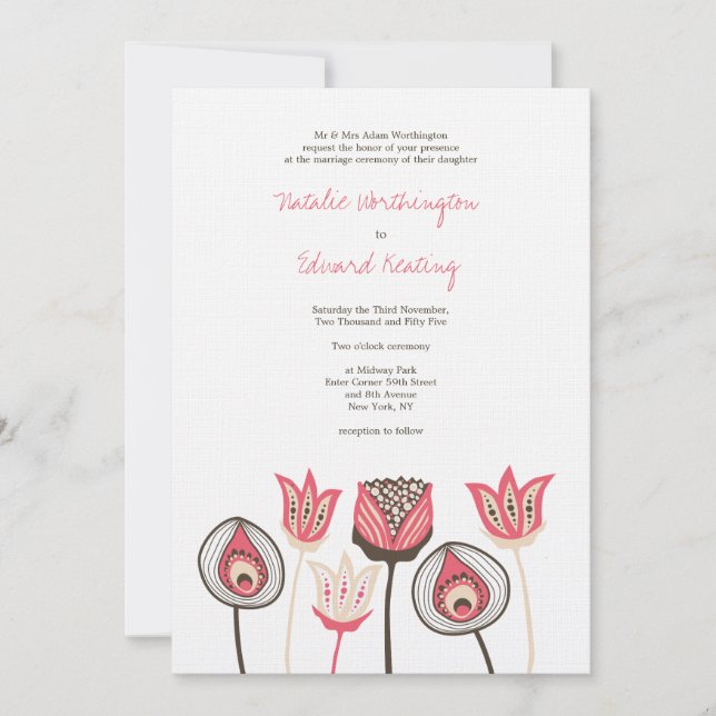 Invitation Fleurs funky mariages au chocolat corail (Devant)