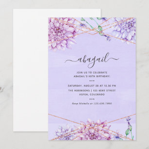 Invitation Fleurs géométriques de lavande et d'or pour annive