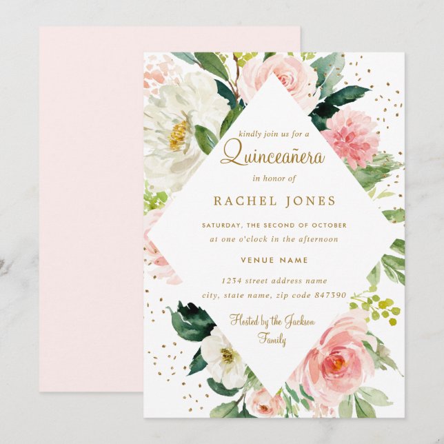Invitation Fleurs Géométriques Rose Foncé Or Quinceanera (Devant / Derrière)