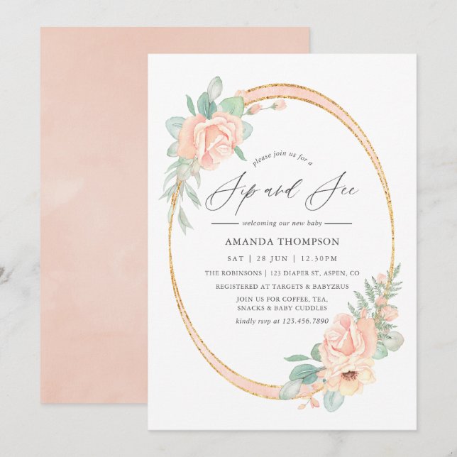 Invitation Fleurs géométriques rose pastel Sip and See (Devant / Derrière)