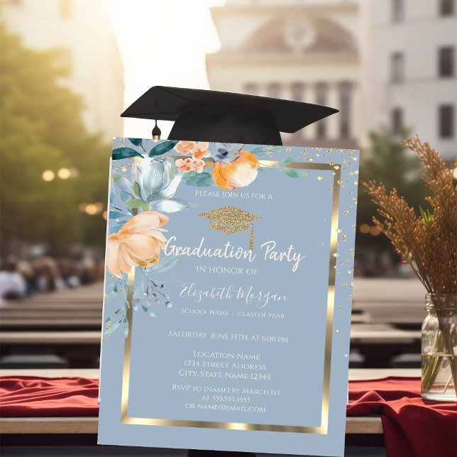 Invitation Fleurs Gold Grad Casquette Dusty Blue Graduation (Créateur téléchargé)