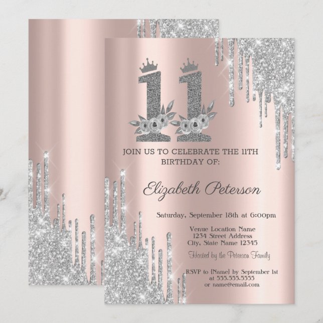 Invitation Fleurs Gouttes d'Argent Rose Or 11e Anniversaire  (Devant / Derrière)