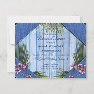 Invitation Fleurs graphiques roses sur tissu en bois bleu