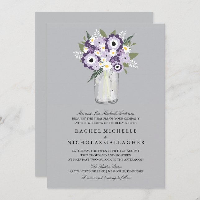 Invitation Fleurs Gris Violet Mason Jar | MARIAGE (Devant / Derrière)