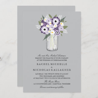 Invitation Fleurs Gris Violet Mason Jar | MARIAGE
