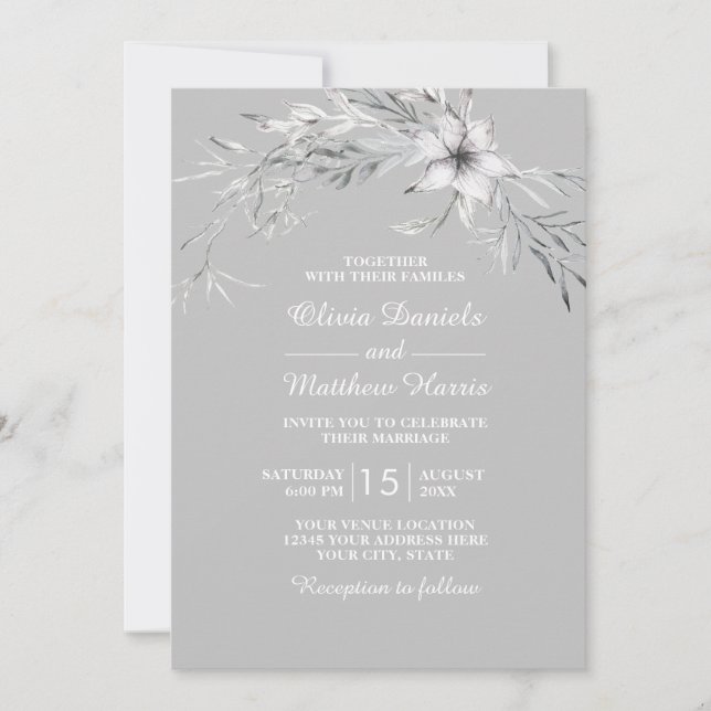 Invitation Fleurs grises et blanches. Floral mariage rustique (Devant)