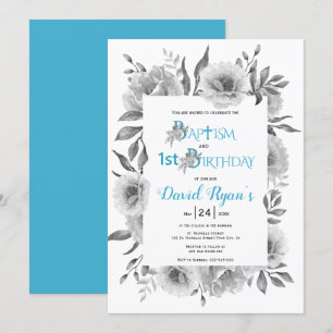 Invitation Fleurs grises garçon baptême et 1er anniversaire b