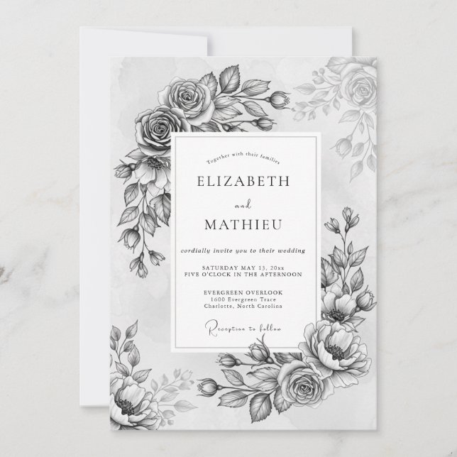 Invitation Fleurs grises peintes Romance Mariage (Devant)