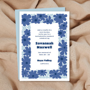 Invitation Fleurs Groovy Bleu et Blanc Bohème Enterrement de