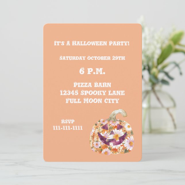 Invitation Fleurs groovy orange Citrouille Fête d'Halloween (Debout devant)