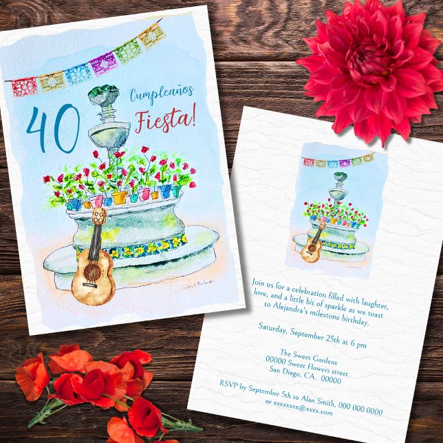 Invitation Fleurs Guitare Aquarelle Mexicaine Fiesta Annivers (Créateur téléchargé)