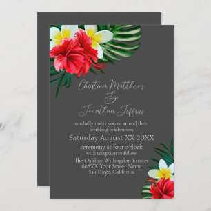 Invitation Fleurs hawaïennes tropicales sur gris élégant