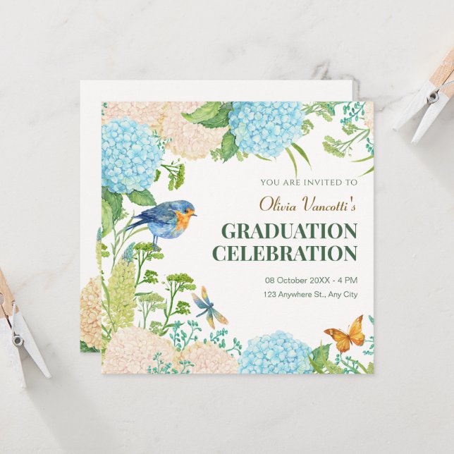Invitation Fleurs Hydrangea Bird Butterfly graduation (Devant/Arrière en situation)