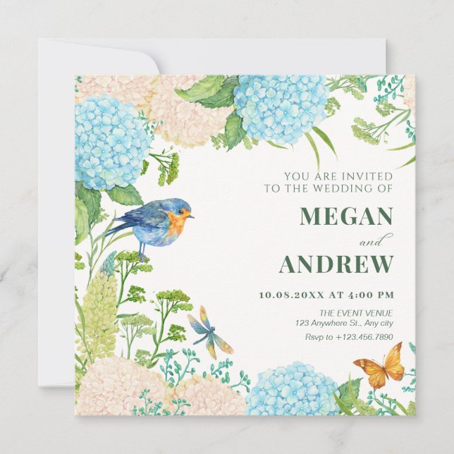 Invitation Fleurs Hydrangea mariage de papillon d'oiseaux (Devant)