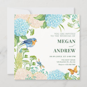 Invitation Fleurs Hydrangea mariage de papillon d'oiseaux
