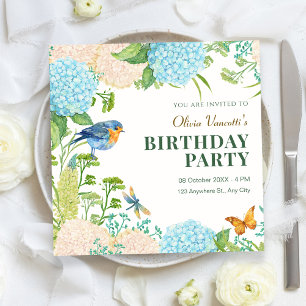 Invitation Fleurs Hydrangea Oiseau Papillon anniversaire