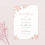 Invitation Fleurs japonaises de cerise Enregistrer le Mariage<br><div class="desc">Ce joli mariage floral, à l'exception de la date modèle de carte à plat, présente vos noms accentués par les fleurs de cerisiers japonais. Les noms et le texte SAVE THE DATE sont dans un rouge très doux et les autres détails sont un ton élégant qui a des éléments de...</div>
