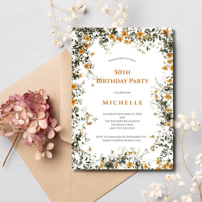 Invitation Fleurs Jaune Doré Aquarelle Vert 50e Anniversaire (Gold yellow watercolor florals greenery botanicals 50th birthday party invitation for her. )