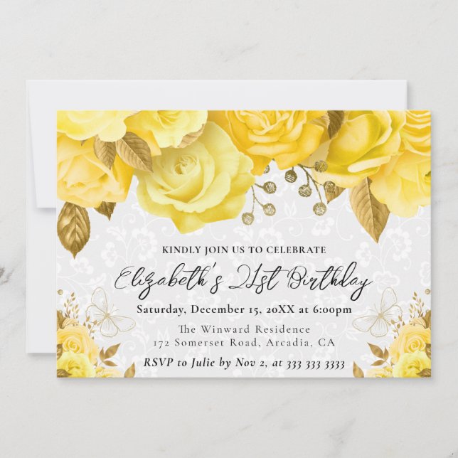 Invitation Fleurs jaune et or aquarelle pour 21e anniversaire (Devant)