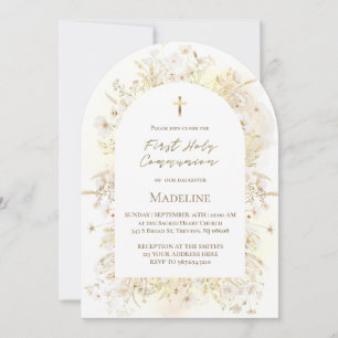 Invitation fleurs jaunes blanches aquarelle Première Communio