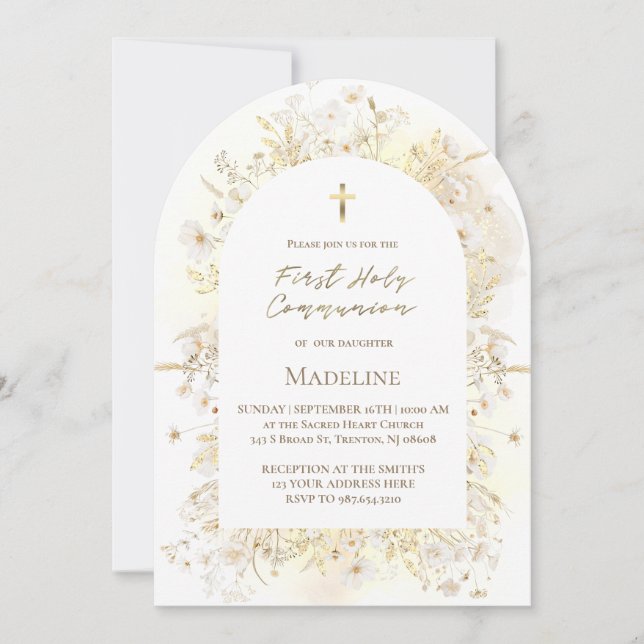 Invitation fleurs jaunes blanches aquarelle Première Communio (Devant)