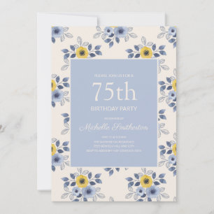 Invitation Fleurs jaunes bleu foncé Blanc 75e anniversaire