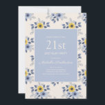 Invitation Fleurs jaunes bleues Dusty Blanc 21e anniversaire<br><div class="desc">Fleurs peignées bleues et jaunes,  mignonnes et féminines,  sur invitation aux femmes pour la fête du 21e anniversaire. Parfait pour les fêtes d'anniversaire du printemps ou de l'été.</div>