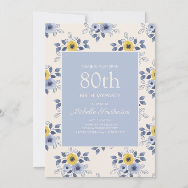 Invitation Fleurs jaunes bleues poussiéreuses blanches 80e an (Devant)