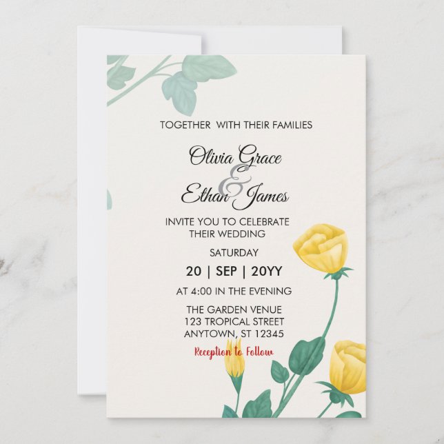Invitation Fleurs Jaunes Conception Florale Mariage  (Devant)