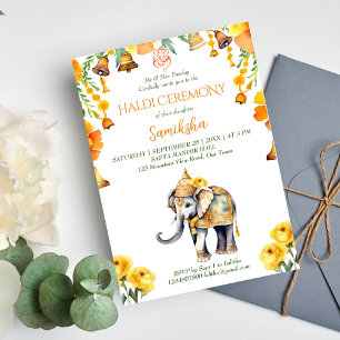 Invitation Fleurs jaunes d'éléphants mariages haldi