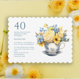 Invitation Fleurs jaunes et bleues de tasse à thé pour 40e an