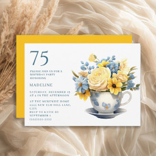 Invitation Fleurs jaunes et bleues de tasse à thé pour 75e an