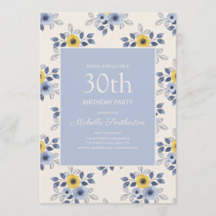 Invitation Fleurs jaunes et bleues poussiéreuses Blanc 30e an