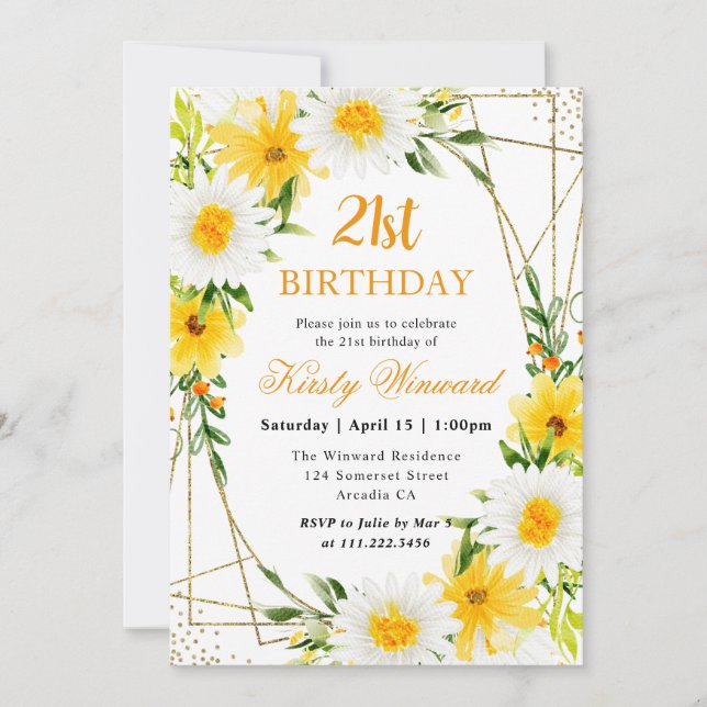Invitation Fleurs jaunes et marguerites Gold Frame 21e annive (Devant)