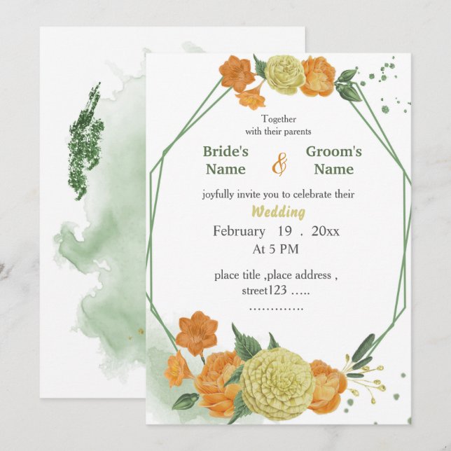 Invitation fleurs jaunes et orange verdure mariage géométriqu (Devant / Derrière)