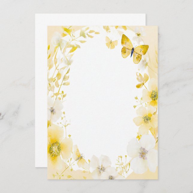 Invitation Fleurs jaunes et papillons blanc mariage (Devant / Derrière)